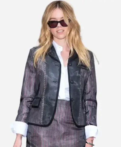 Milly Alcock NYC Today 2026 Striped Leather Blazer