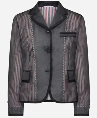 Milly Alcock NYC Today 2026 Striped Leather Blazer