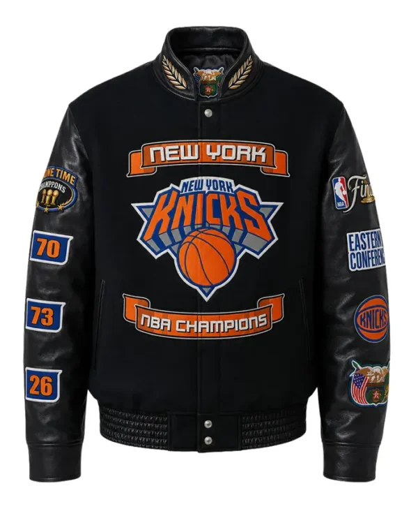 NY Knicks 2026 Champions Black Wool & Leather Varsity Jacket