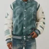Retro Denim Print Varsity Jacket