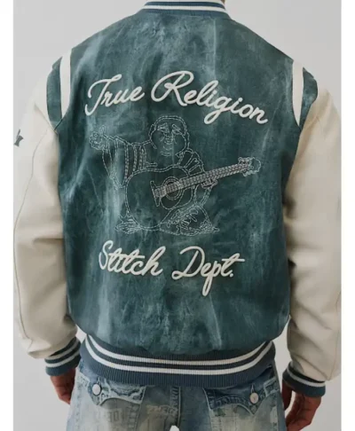 Retro Denim Print Varsity Jacket