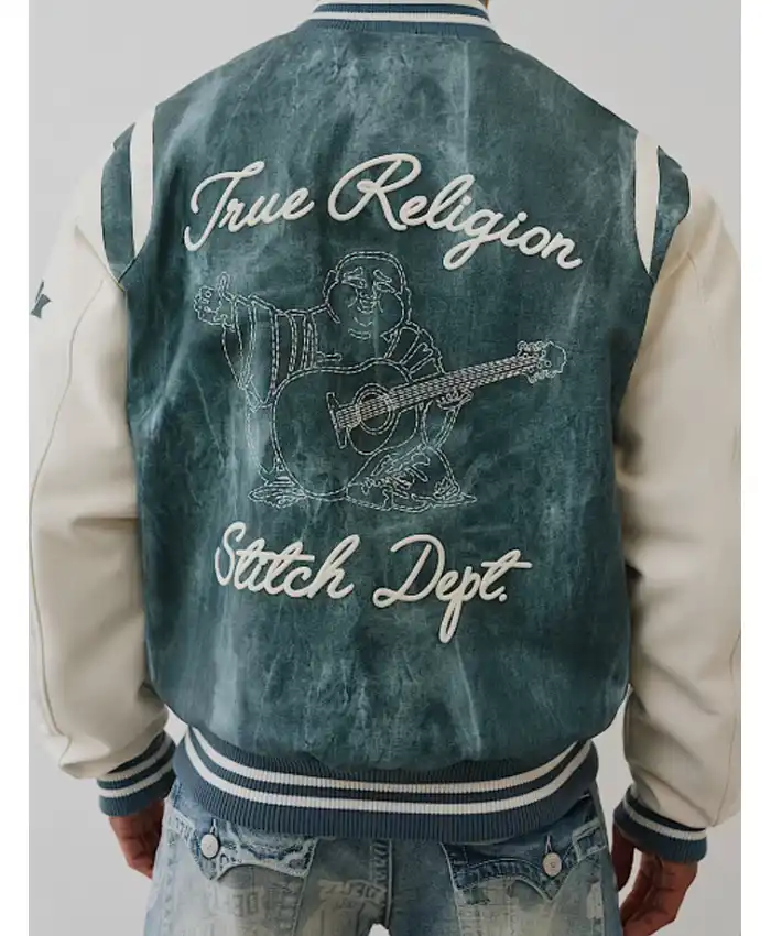 Retro Denim Print Varsity Jacket