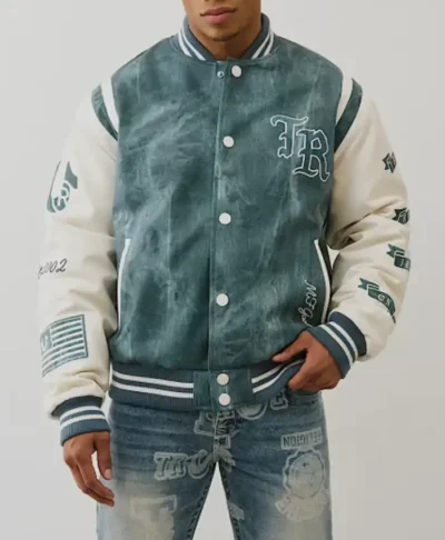 Retro Denim Print Varsity Jacket