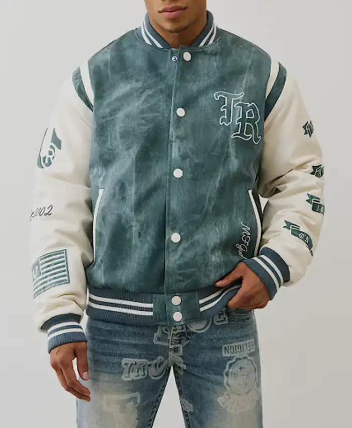 Retro Denim Print Varsity Jacket