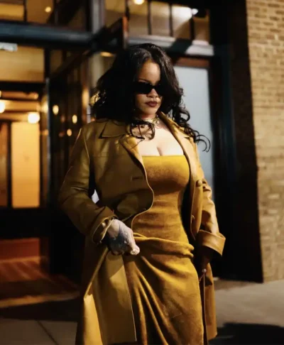 Rihanna Tribeca Mustard Leather Coat