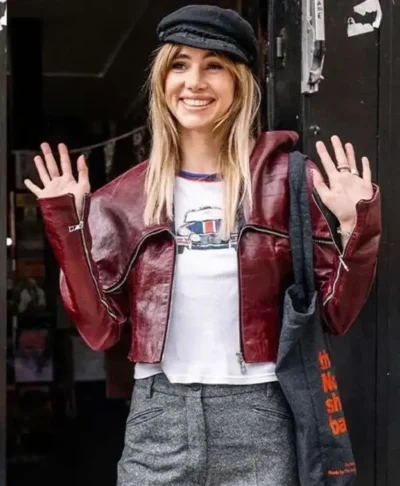 Suki Waterhouse Notting Hill 2026 Burgundy Leather Jacket