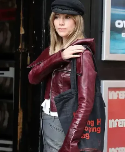 Suki Waterhouse Notting Hill 2026 Burgundy Leather Jacket