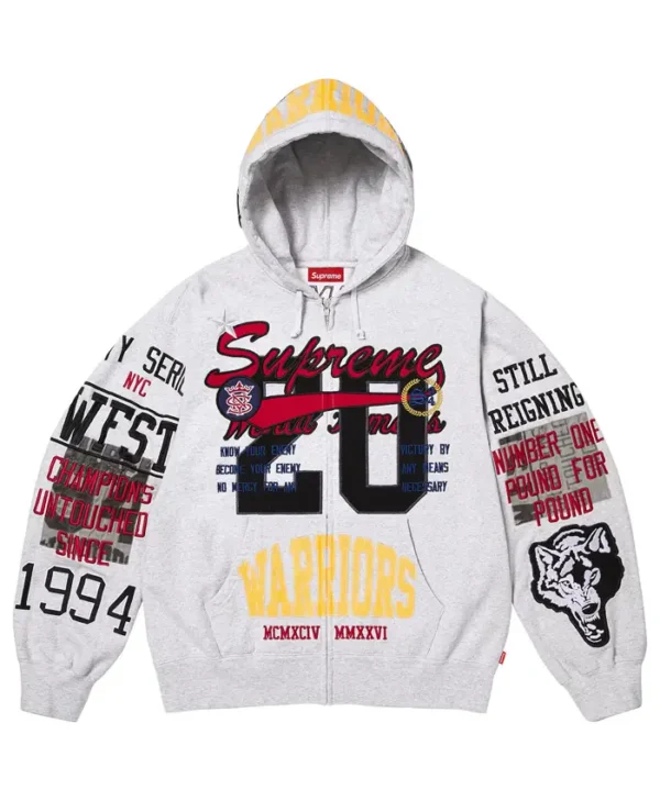 Supreme Warriors Grey Zip-Up Hooded Sweatshirt
