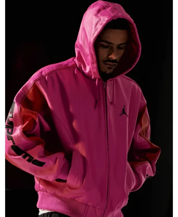 Supreme X Jordan 2026 Pink Hooded Leather Jacket