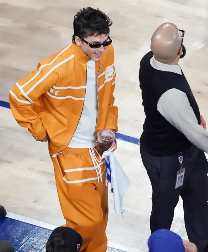 Timothée Chalamet NBA Finals Game 3 Orange Tracksuit