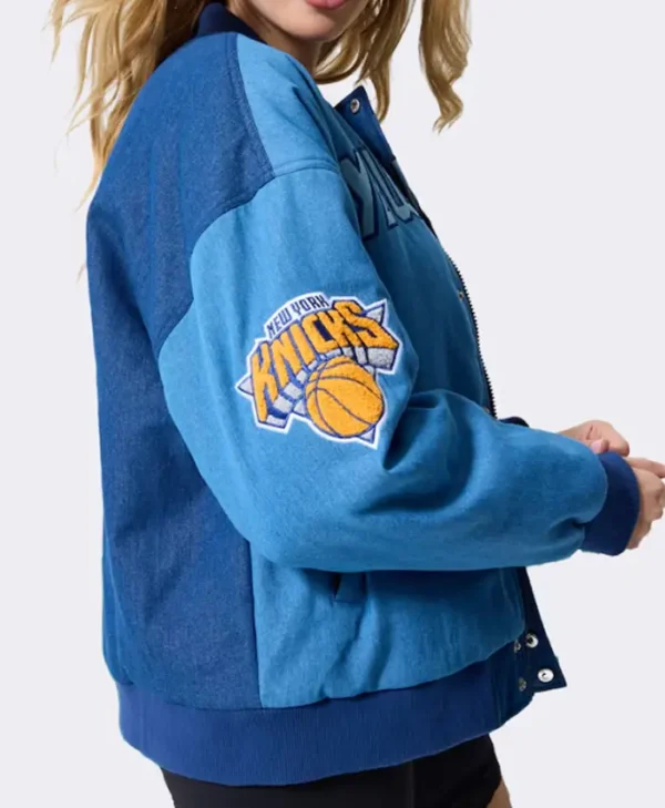 order now New York Knicks Terez Blue Denim Bomber Jacket