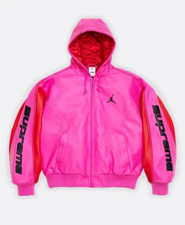 order now Supreme X Jordan 2026 Pink Hooded Leather Jacket