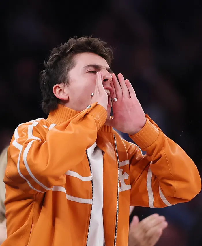 order now Timothée Chalamet NBA Finals Game 3 Orange Tracksuit