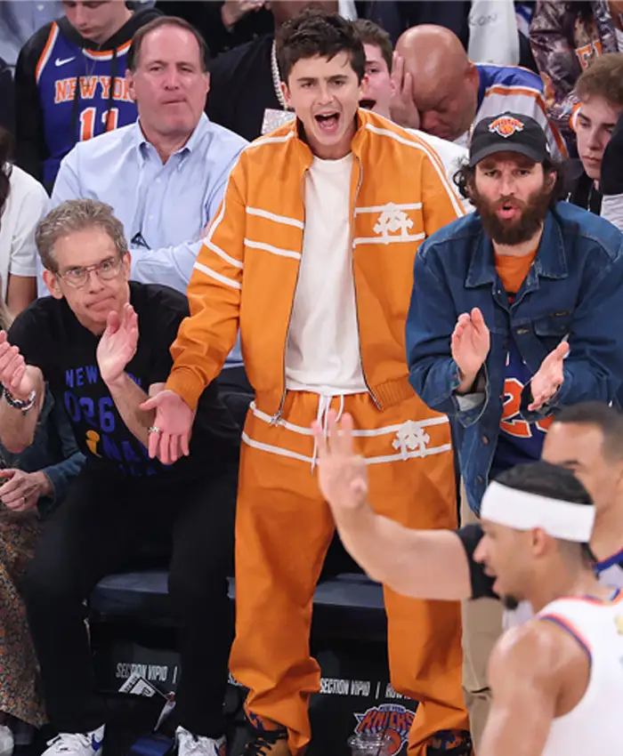 shop Timothée Chalamet NBA Finals Game 3 Orange Tracksuit for sale
