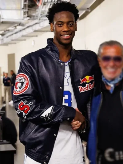 shop now AJ Dybantsa Red Bull Black Leather Jacket
