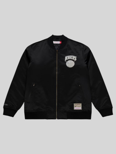 shop now Mitchell & Ness Knicks Black Chrome Satin Bomber Jacket