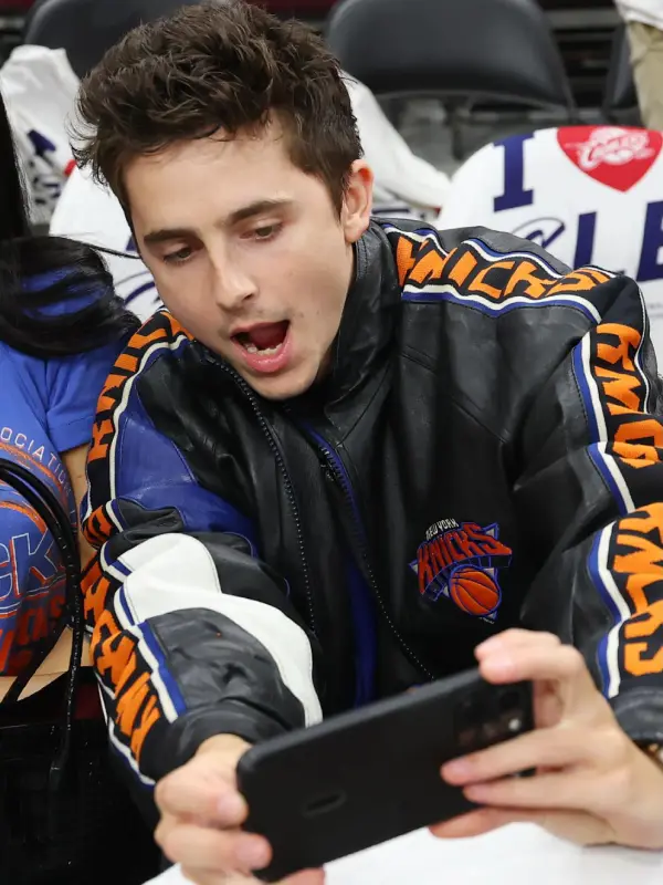 shop now Timothee Chalamet Knicks Leather Jacket