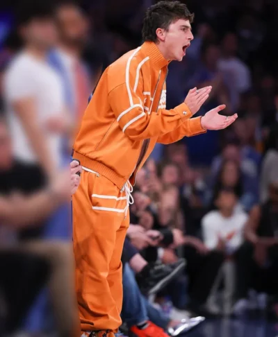 shop now Timothée Chalamet NBA Finals Game 3 Orange Tracksuit for sale