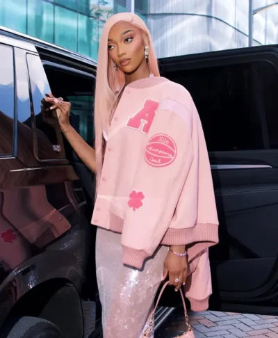 Angel Reese Custom Coach Pink Varsity Jacket