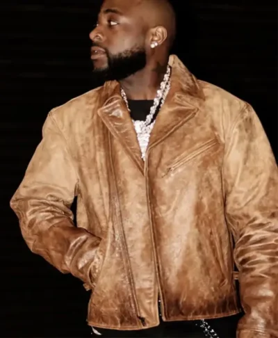 Davido Brown Distressed Leather Jacket