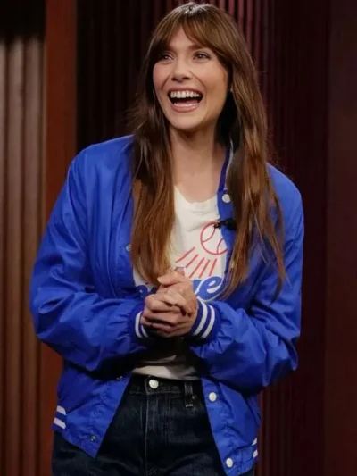 Elizabeth Olsen Jimmy Kimmel Live Blue Varsity Jacket