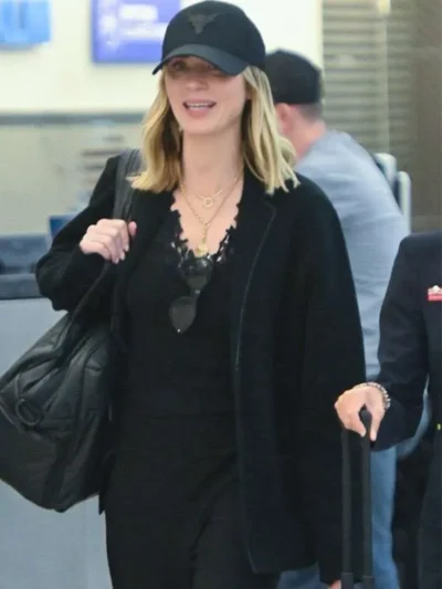 Emily Blunt NYC Airport Black Jacket