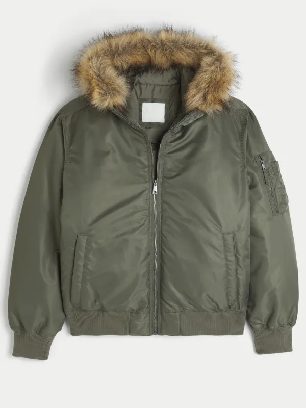 Hollister Faux Fur Hooded Bomber Jacket for sale