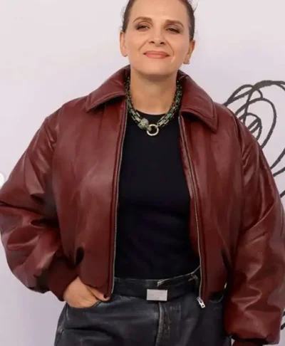Juliette Binoche Paris Fashion Week Leather Jacket
