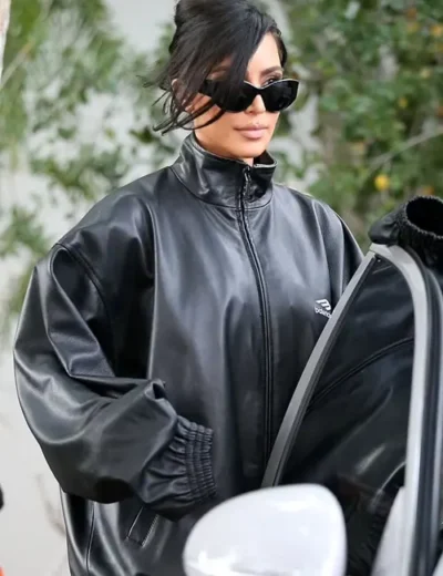 Kim Kardashian Balenciaga Black Bomber Leather Jacket
