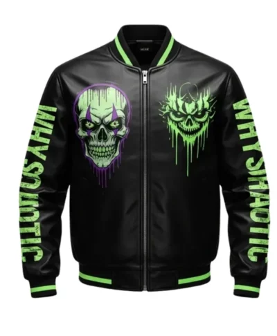 Neon Skull Streetwear Punk Leather Varsity Jacket