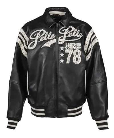 Pelle Pelle Encrusted Black Leather Varsity Jacket