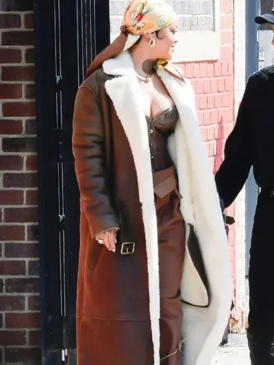 Rihanna Brown Shearling Trench Coat