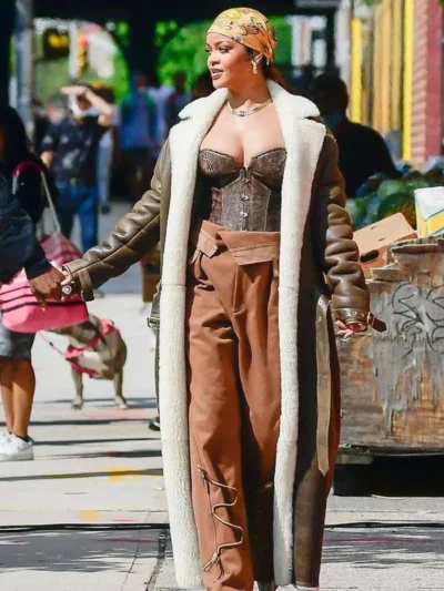 Rihanna Brown Shearling Trench Coat