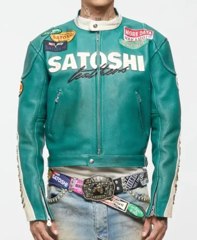 Satoshi Nakamoto Green Leather Moto Jacket