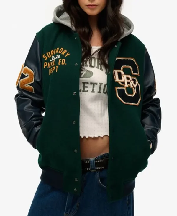 Superdry College Patched Varsity Bombergreen Hooded Jacket