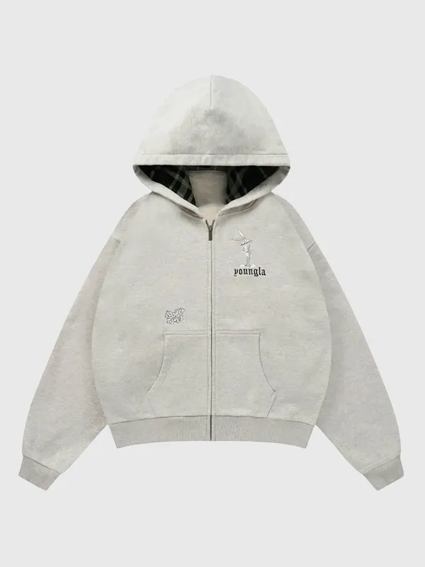 YoungLA x Looney Tunes Plaid Zip-Up Grey Hoodie