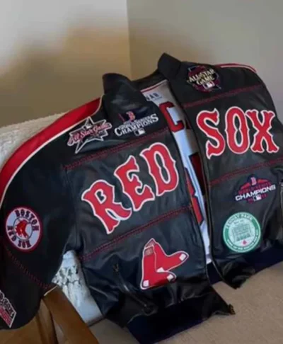 buy Red Sox Black Leather Bomber Jacket