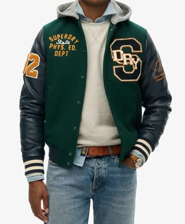 buy Superdry College Patched Varsity Bomber Hooded Jacket