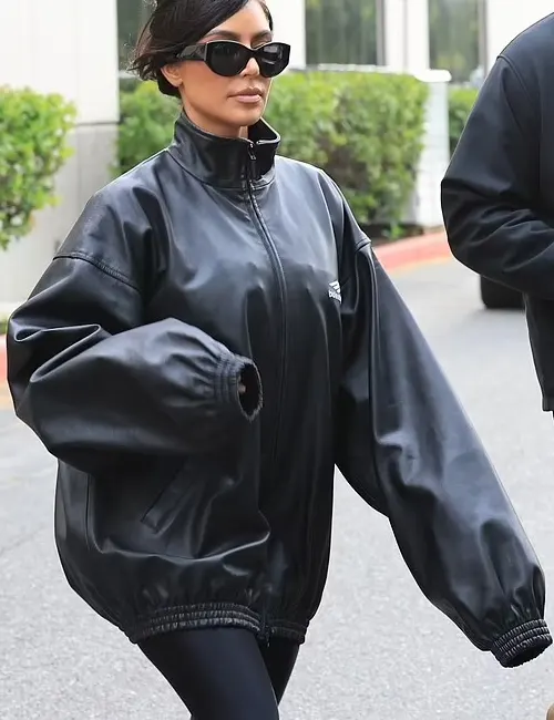 buy now Kim Kardashian Balenciaga Black Bomber Leather Jacket