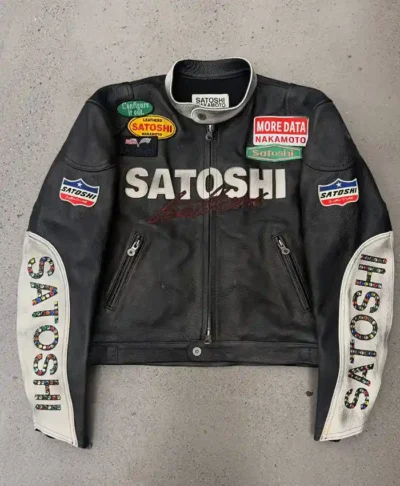 buy now Satoshi Nakamoto Black Leather Moto Jacket