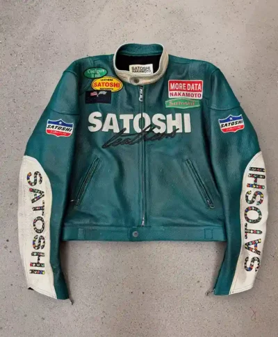 order now Satoshi Nakamoto Green Leather Moto Jacket