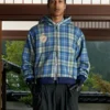 order now Shinzo Turquoise Plaid Zip Up Hoodie