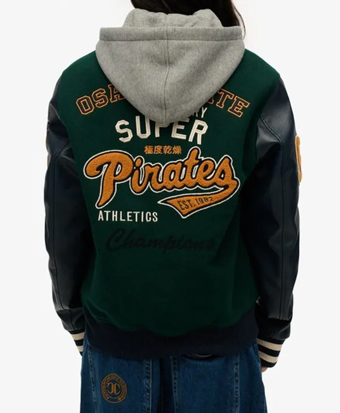 order now Superdry College Patched Varsity Bomber Hooded Jacket