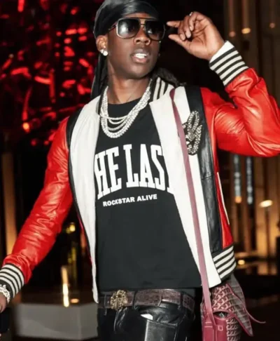 shop now Dubai 2026 Rema Red and White Leather Jacket