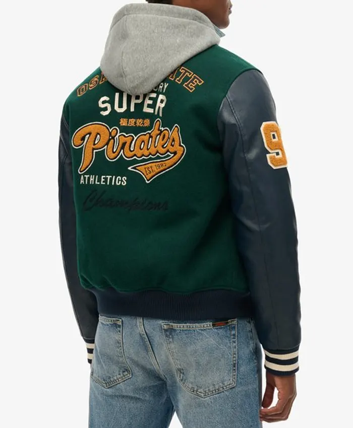 shop now Superdry College Patched Varsity Bomber Hooded Jacket for sale