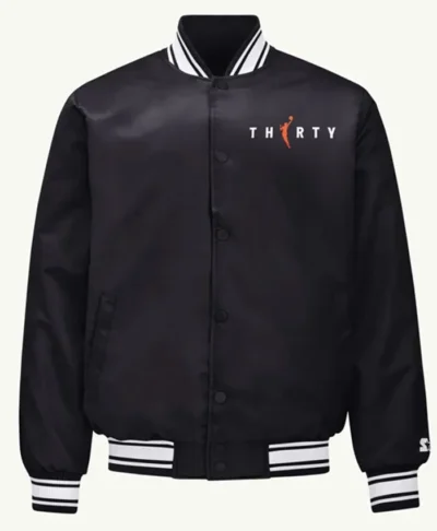 shop now WNBA 30th Anniversary Black Satin Varsity Jacket