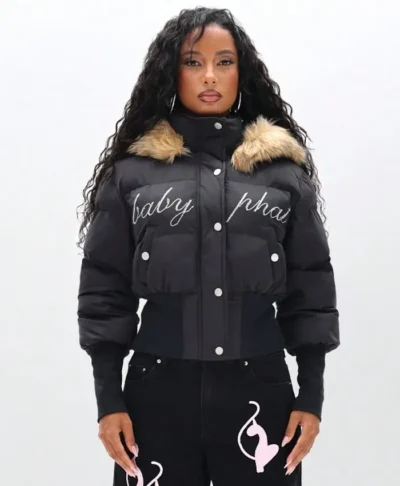 Baby Phat Cropped Black Puffer Jacket With Fur Hood