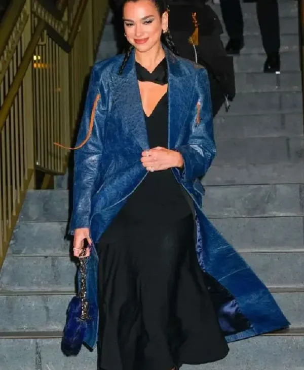 Dua Lipa Footwear Blue Leather Trench Coat