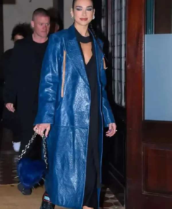 Dua Lipa Footwear Blue Leather Trench Coat