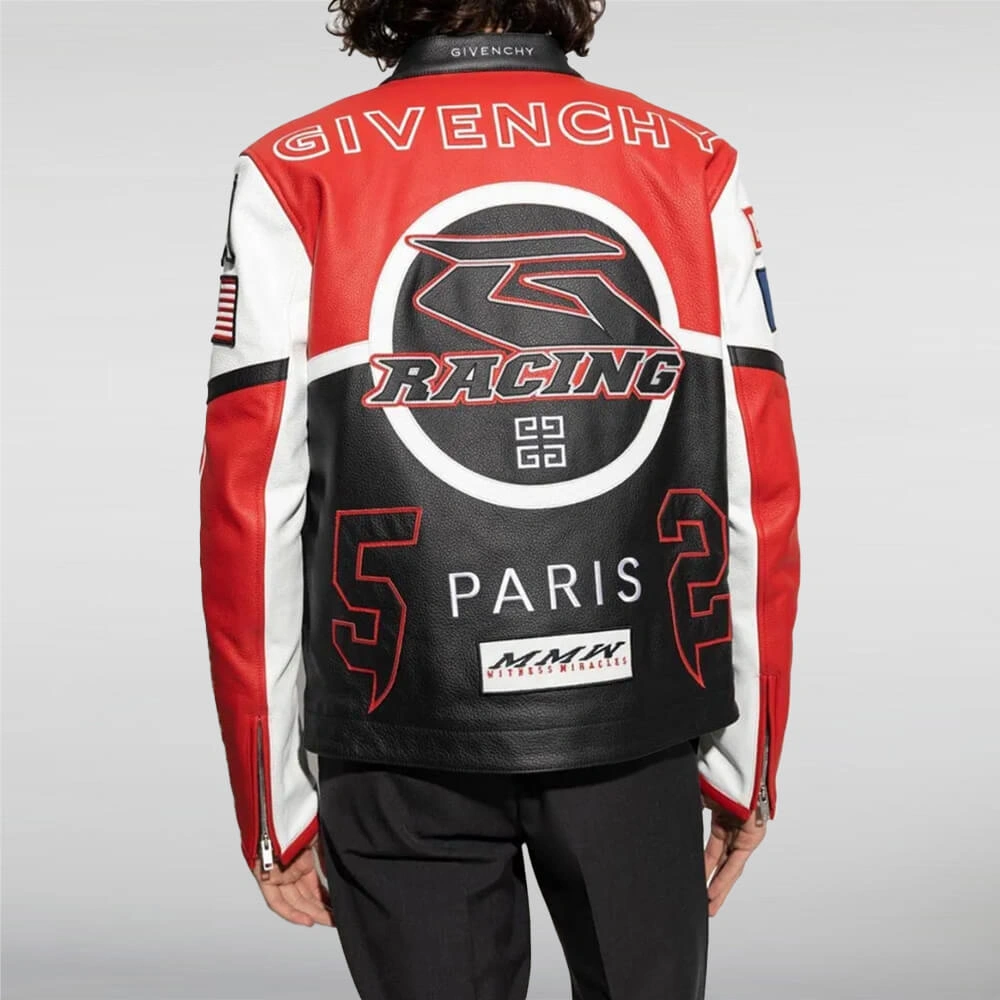 Givenchy-Racing-Red-and-Black-Leather-Jacket-Model-Back